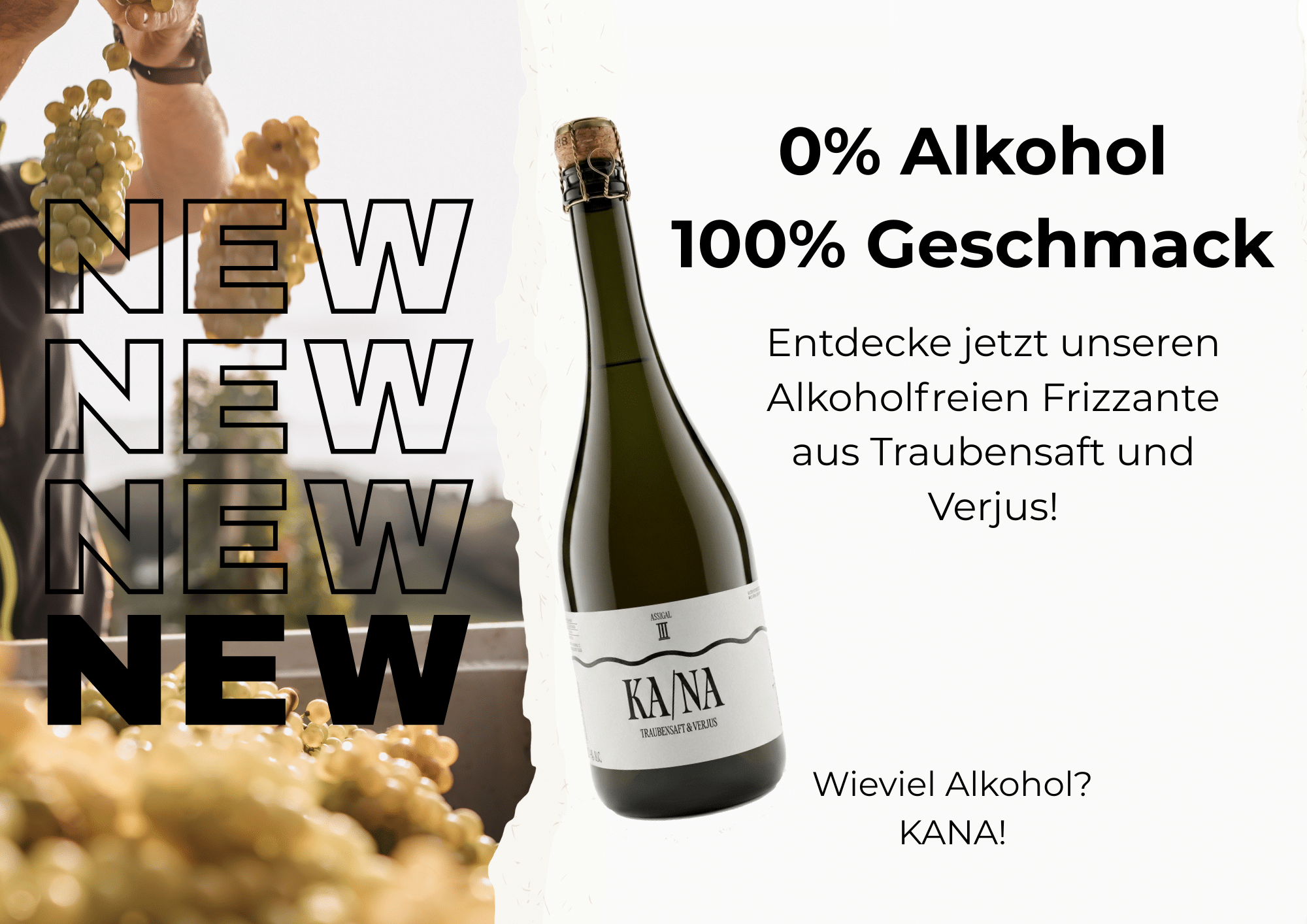 Werbebild für KA/NA. Ein akloholfrier Frizzante aus Traubensaft und Verjus